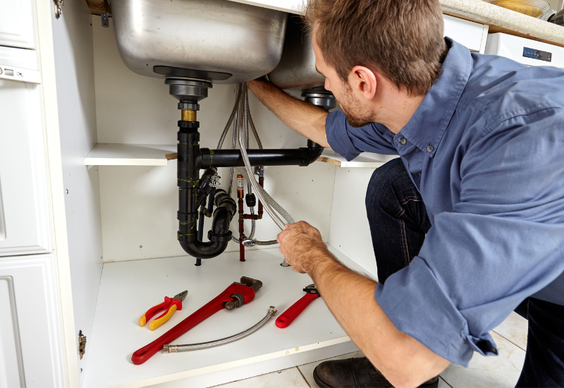 A plumber repairing a kitchen sink.