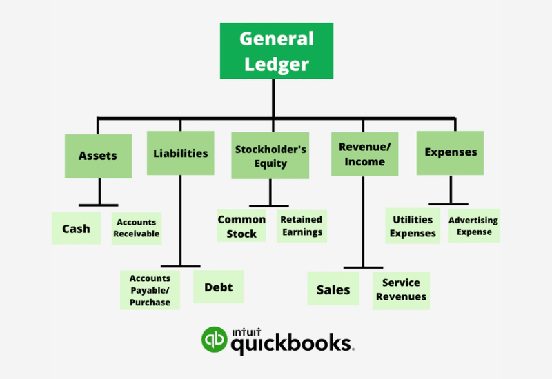 A graphic illustrating what a general ledger report records.